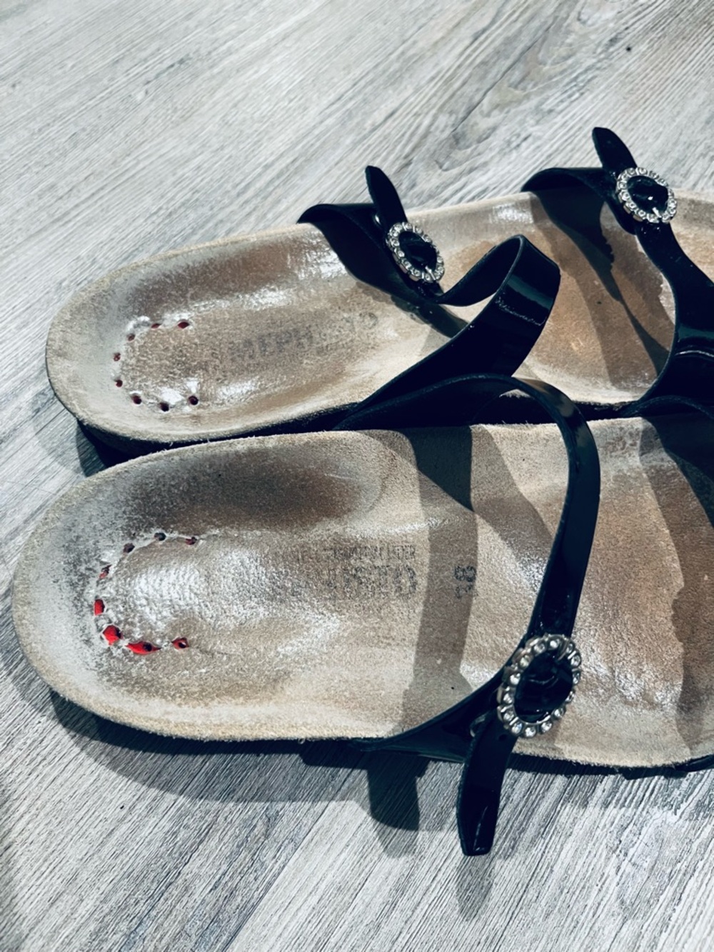 Mephisto Black Patent Double-strap Slide Sandals with Rhinestone Buckles - Picture 2 of 10